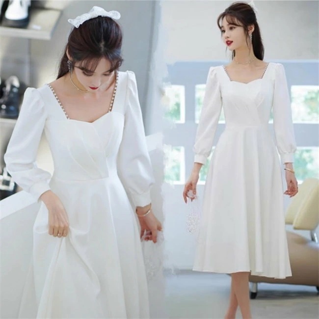 ホワイト ドレス 長袖　ビーズ　二次会 花嫁 ワンピース ウェディングドレス パーティードレス 花嫁ドレス 結婚式　膝丈　ドレスラインドレス エンパイアドレス レースウェディングドレス 二次会 花嫁