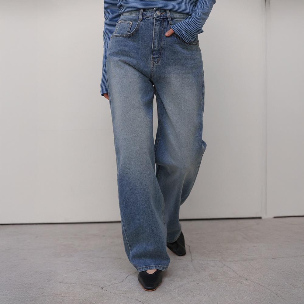 [S-2XL] レディアンウォッシュワイドデニムパンツ