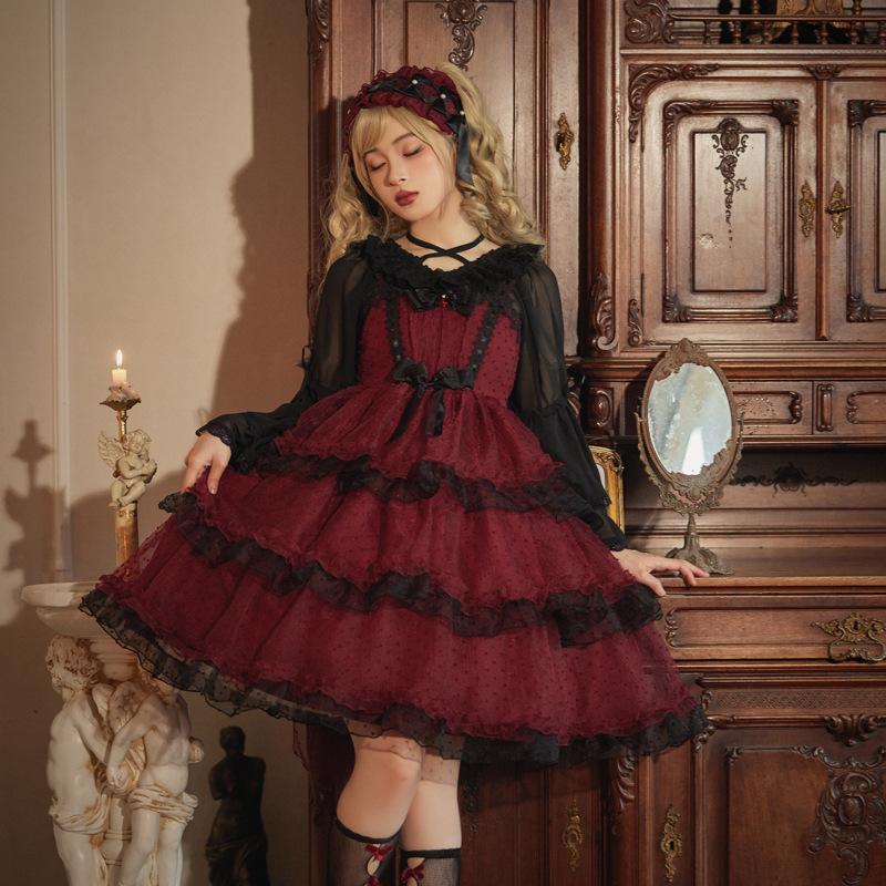 ロリータ Lolita ジャンパースカート ゴシック ゴスロリ ジャンスカ ワンピース ドレス 可愛い リボン フリル ふんわり ノースリーブ 黒ロリ