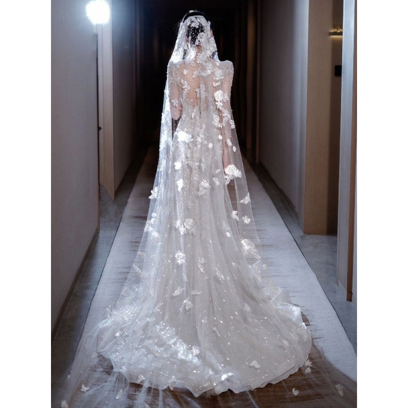 ウェディングドレス重工業フィッシュテールスカートライトウェディングドレス花嫁トレーリング半袖小人お出かけメインガーゼ女の子