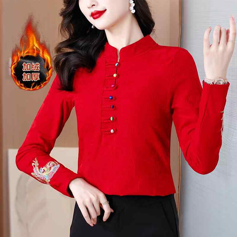 レディース シャツ ブラウス チャイナ風 大きいサイズ 刺繡入り 長袖 秋冬 フェミニン エレガント 上品 トップス ノーブル オフィス ビジネス 学校行事 万能コーデ マザー 婦人服