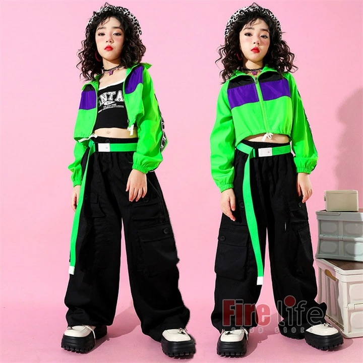 キッズダンス衣装 セットアップ 蛍光緑 ヒップホップチアガール グリーン ジャケット インナー カーゴパンツ 派手 カッコイイ 女の子 ダンスウェア hiphop 110cm～170cm ステージ衣装