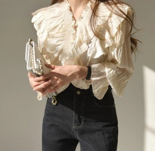 トップス ブラウス チュニック 白シャツ l ショート丈 袖あり 7分袖 ボリューム袖 Vネック フレア レース シフォン フリル 麻 かわいい きれいめ 大人 上品 おしゃれ 大人可愛い