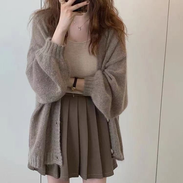 トップス カーディガン ロング丈 オーバーシルエット 袖あり 長袖 ボリューム袖 ドロップショルダー Vネック 襟なし ワイド リブ 前開き 透け感 ニット 薄手 かわいい 大人可愛い きれいめ