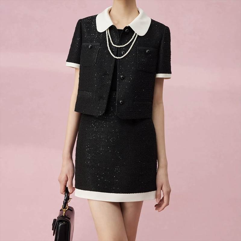 レディース セットアップ ジャケット 半袖 襟付き ボタン 前開き ポケット スカート ショート丈 ワンピース ノースリーブ 3点セット 上下セット スリム 細身 きれいめ 上品 おしゃれ お洒落 大