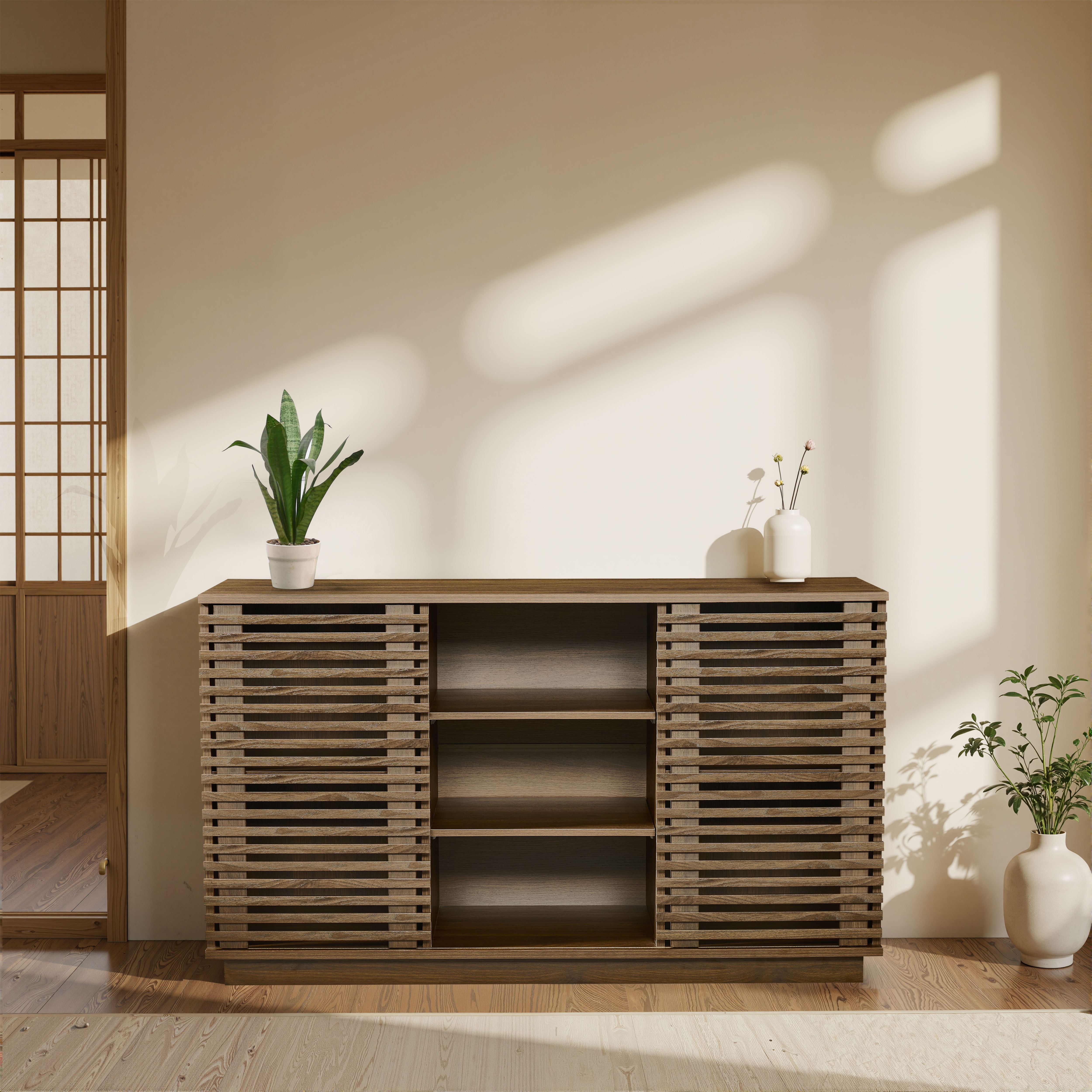 【国内発送 無-送料】755【新作】ウォールナット色のリビング収納キャビネットサイドボード収納キャビネット大容量収納キャビネット ムービングドア