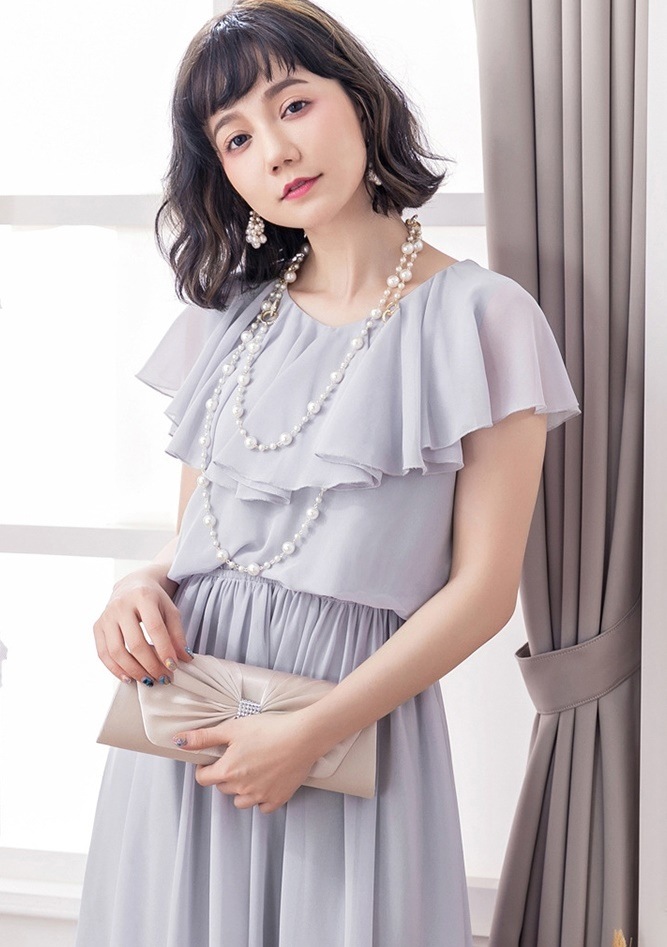 1729. フリル袖マキシ丈ドレス（グレー）2019 春夏 sale 2次会 オフィス お宮参り 結婚式 謝恩会 食事会 女子会 成人式 卒園式 デート 同窓会 二次会 入園式 入学式 発表会 披露宴