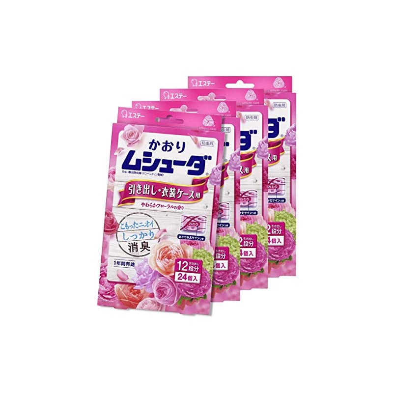【まとめ買い】かおりムシューダ 1年間有効 防虫剤 引き出し衣装ケース用 24個入 やわらかフローラルの香り【4個】