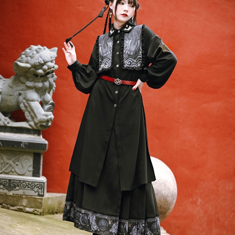 ロングシャツワンピース 長袖 チャイナ服 普段着 刺繍シャツ カーディガン 黒