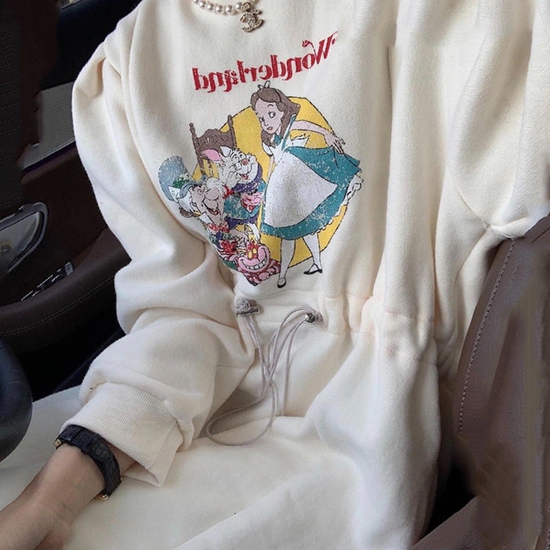 韓国デザイン秋服可愛いプリントパーカーレース本ワンピース