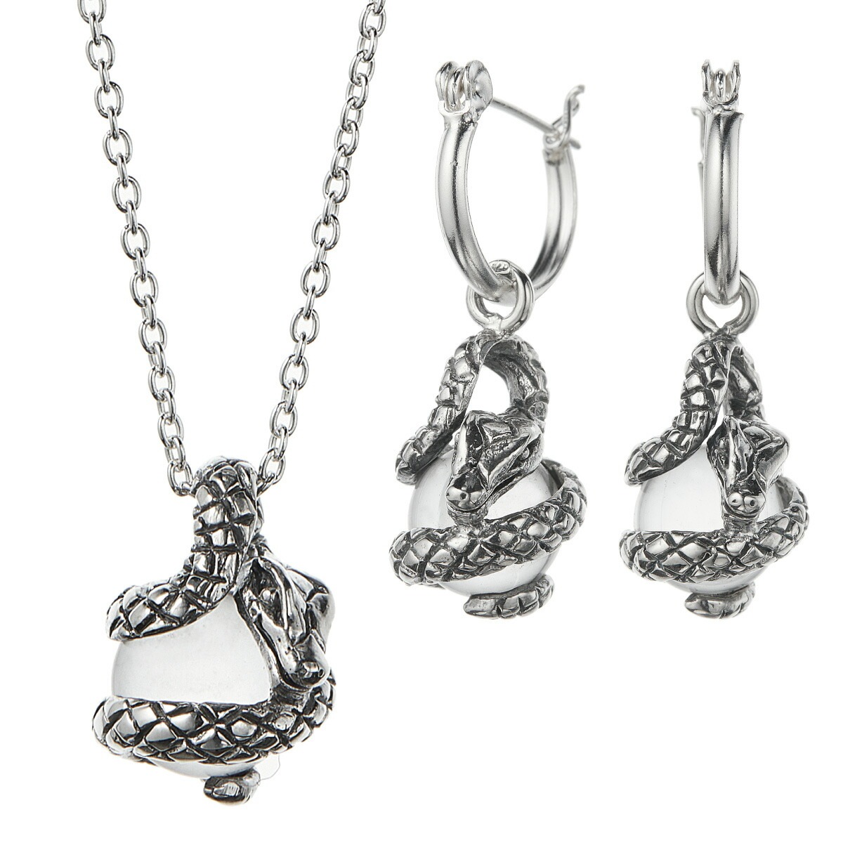 ネックレスとピアス 2点セット フープピアス メンズ レディース シルバー925 水晶 蛇 ヘビ