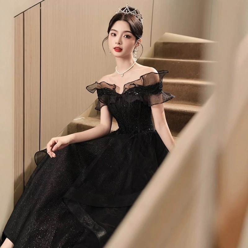 黒のドレス女性 2025 痩身芸術試験音楽成人式気質ロングスカート