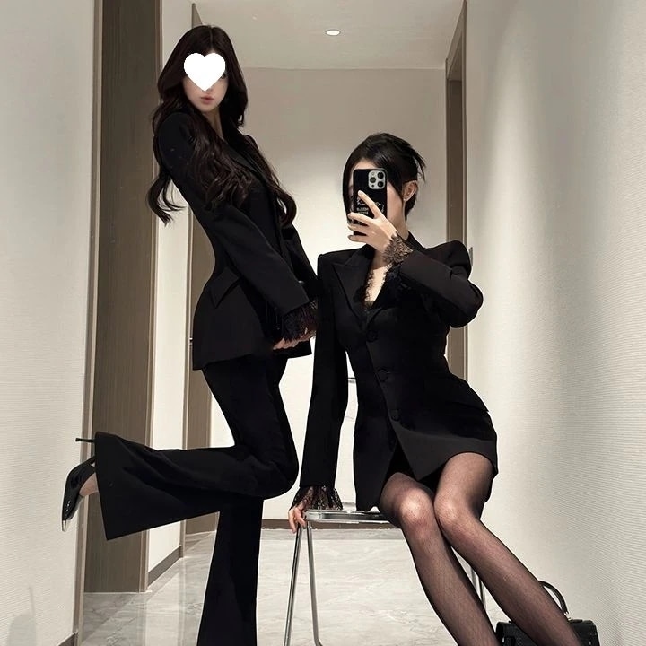2026 春 セットアップ スーツ おしゃれ ブラック レース スーツセット 新作 デザイン感 アウター 2点セット 上下セット 卒業式 入学式 レディース