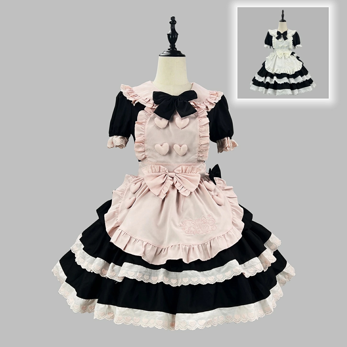 レディース舞台衣装 メイド服 膝丈 エプロン付き イベント ハロウィン 文化祭 ダンス服 二次元舞踊 大きいリボン付き コスプレ 喫茶店 学園祭 仮装 可愛い ワンピース メイドドレス 半袖 ロリータ