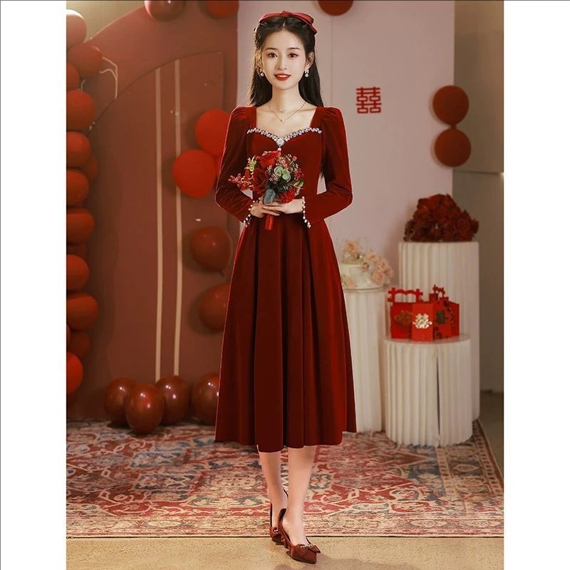 新しい風の小人は婚約や結婚式のために乾杯服を着ることができます赤い春と秋のドレスミドル丈ドレス 4,947円