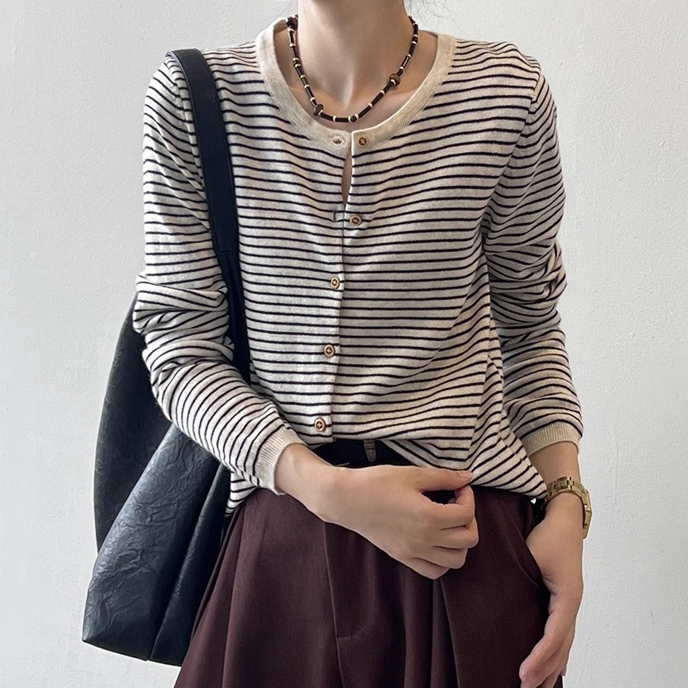 カーディガン トップス カットソー シャツ クルーネックカーディガン クルーネック ラウンドネック アースカラー 無地 ボーダー柄 長袖 レディース かわいい 大人可愛い おしゃれ ガーリー