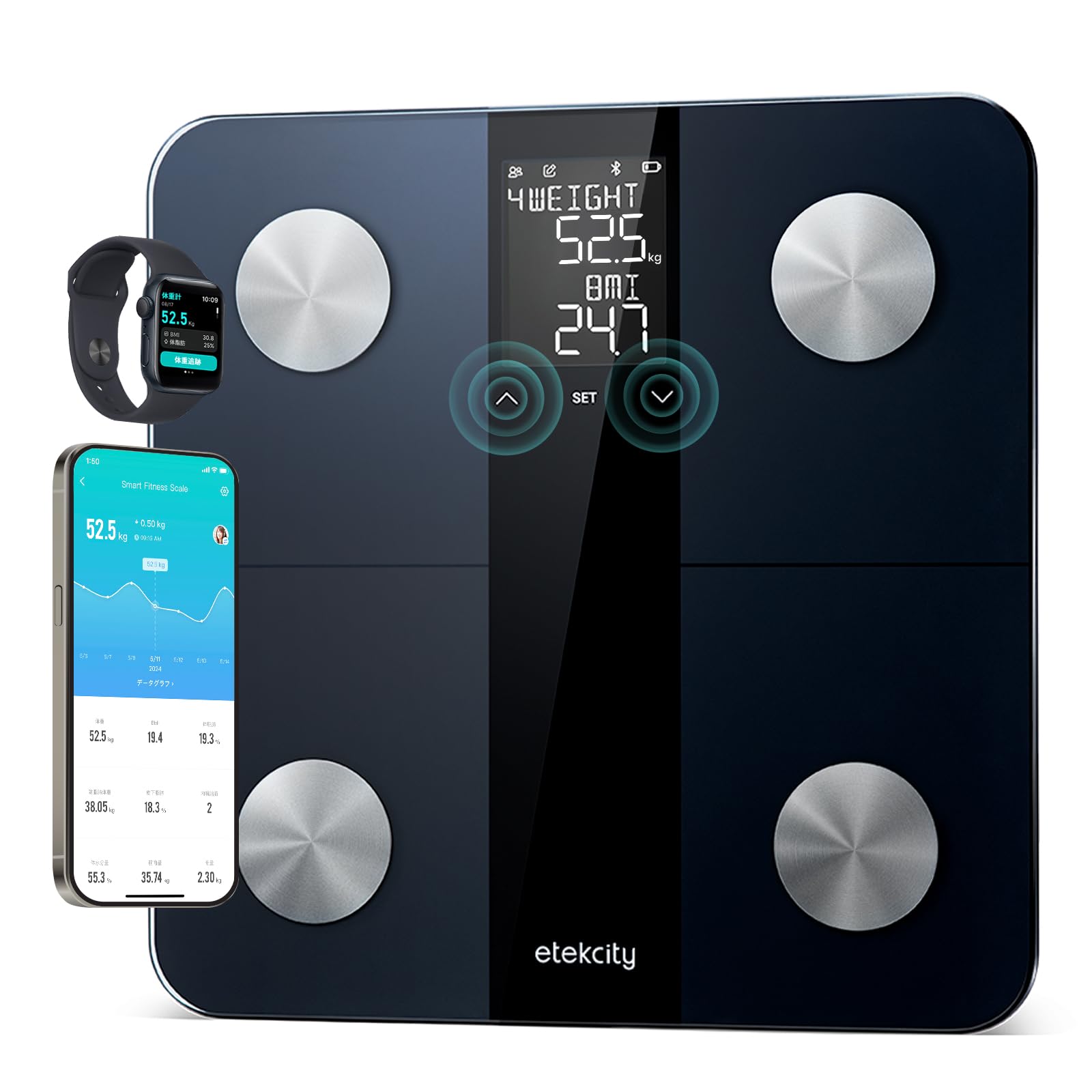 Etekcity 体重計 体脂肪計・体組成計 13項目測定 スマホ連動 乗るピタ 乗るだけで測定 EFS-C651-KJP