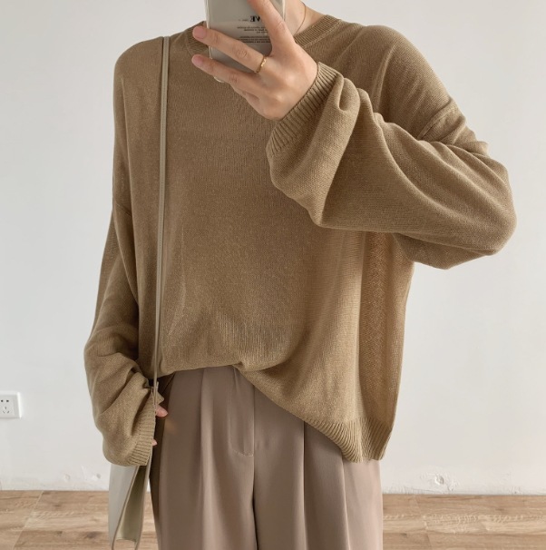 トップス ニットソー セーター 長袖 クルーネック デザイン オーバーサイズ ビッグシルエット 美ライン ニュアンス リブ 透け感 シースルー 伸縮性 ストレッチ ニット カラバリ かわいい