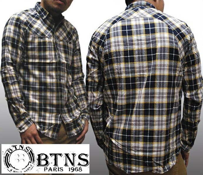 BTNS メンズ カジュアルシャツ ネイビー ロールアップ サファリ シャツ チェックシャツ インポート LAカジュアル アメカジ セレカジ セレブ スタイル 海外人気セレクトショップ プラネットブル