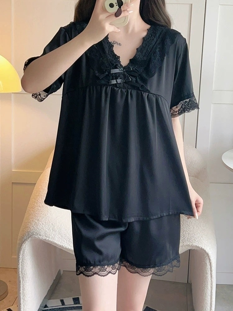 セットアップ ルームウェア パジャマ 部屋着 寝巻き ナイトウェア ショート丈 半袖 レース リボン ウエストゴム ポリエステル 大人可愛い おしゃれ 大人女子 ラブリー セクシー 春 夏 レディース
