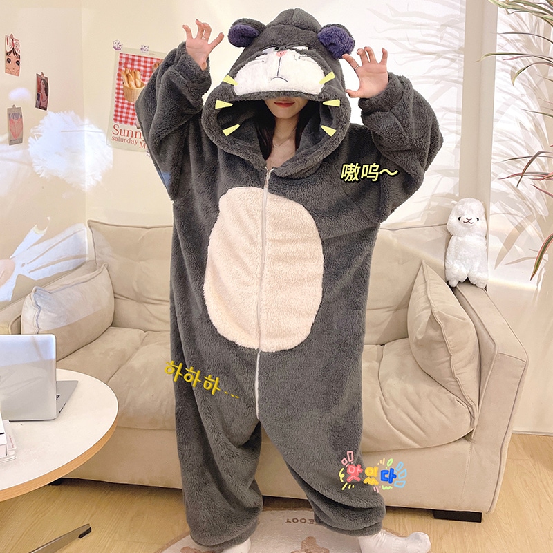 秋冬男女兼用ぬいぐるみワンピースカップルパジャマ厚みのあるコーラルベルベットルシファーアニマル大きいサイズホーム服