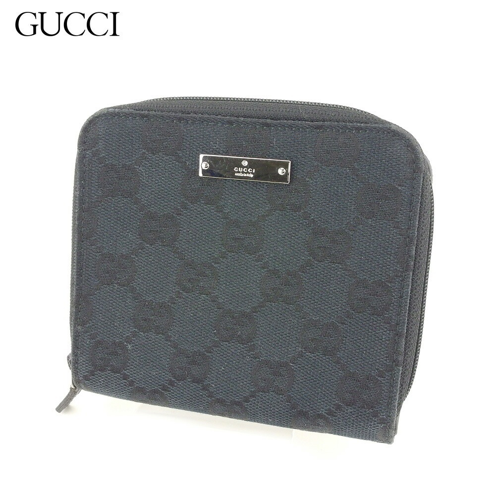 二つ折り 財布 ラウンドファスナー GGキャンバス ブラック シルバー 中古