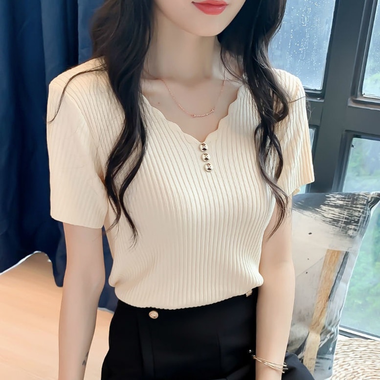 ニット トップス 半袖リブニット レディース リブカットソー 半袖 ニット Vネック リブシャツ 薄手ニット シャツ 青 白 橙色 緑 黄色 黒 ベージュ ブルー ホワイト オレンジ グリーン