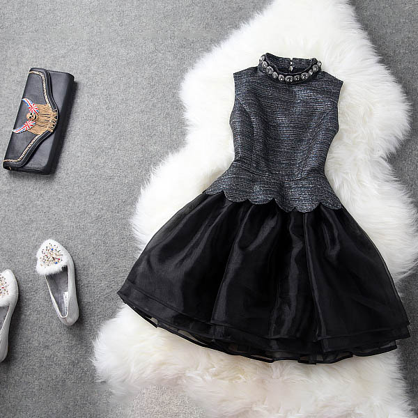 ミニドレス 黒 M L 2L 上品 ラメ ワンピース 発表会 演奏会 LYY-T11506 パーティードレス レディース 結婚式 ブラック ノースリーブ ハイネック ビジュー 9,603円