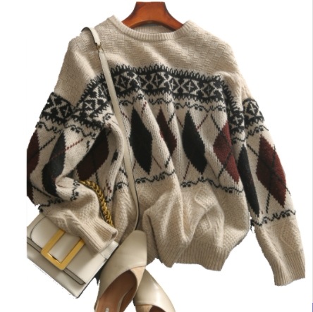 柄セーター ホワイト トップス ニットソー セーター スリム 細身 ストレート スマート かわいい