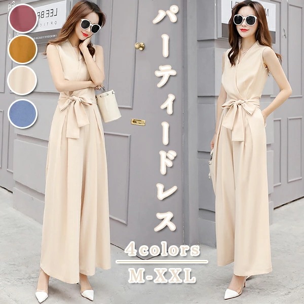 オールインワン レディース ワイドパンツ ノースリーブ パーティードレス カジュアル スカンツ レディース サロンベット エレガント ウエストリボン ガウチョ マキシ パンツ フォーマル マタニティ