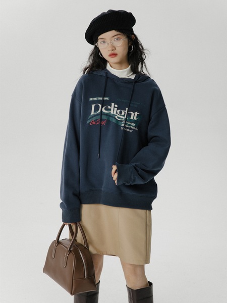 エッグタルト ファミリーレター ルーズ フード付きスウェットシャツ