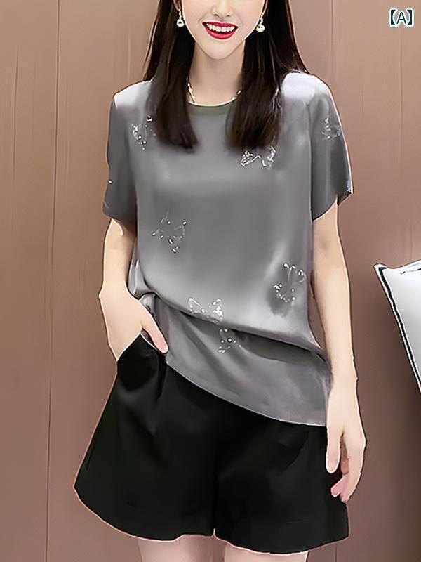 レディース　Tシャツ　半袖 やや 太めの MM ハイエンド ビッグ 半袖 Tシャツ グレー ラウンドネック ヘビー スパンコール 大きいサイズレディース アセテート トップ