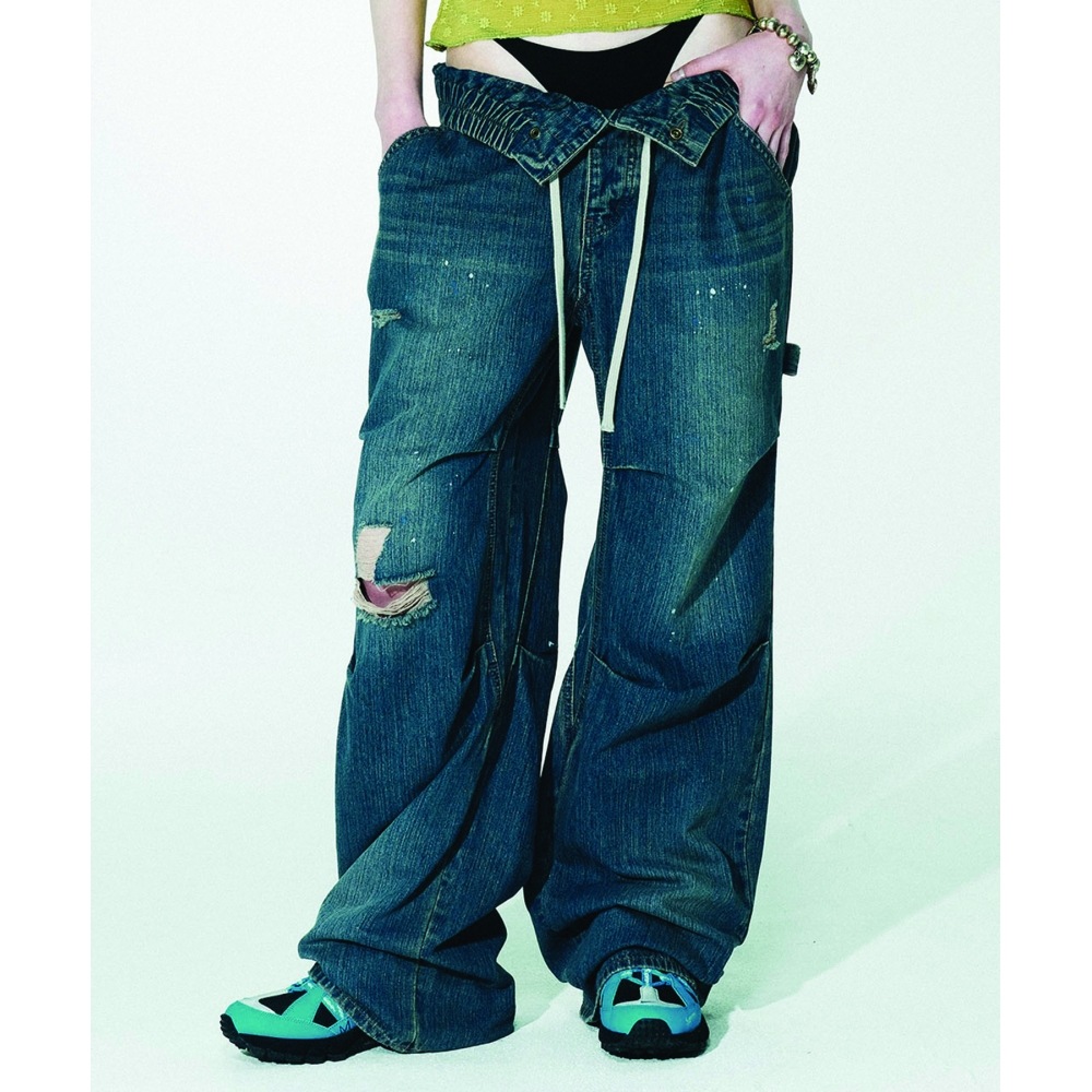 SCULPTOR 折りたたみウエストデニムパンツブラッシュドインディゴ