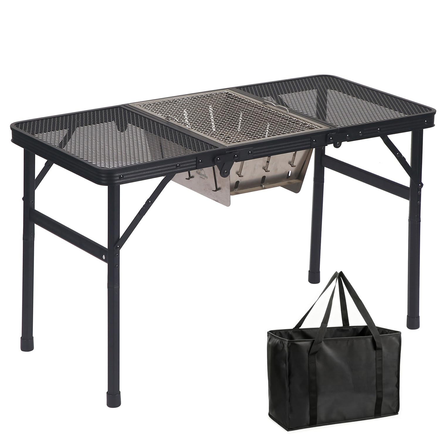 LEESA キャンプ テーブル アウトドアテーブル メッシュ IGT対応 高さ2段階調整可能 耐荷重40kg 耐熱 三つ折り 軽量 組立簡単 コンパクト 携帯便利 屋外用物置き 収納袋付き (81*3