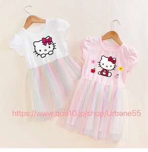 韓国子供服 可愛い サンリオハローキティワンピース キッズ 綿 半袖 夏 子供服 女の子 バイカラー プリンセス風
