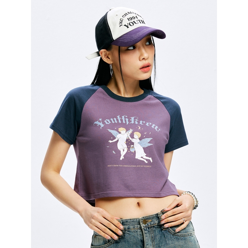 ユースクルー YK TWIN ANGEL CONTRAST RAGLAN CROP T PURPLE