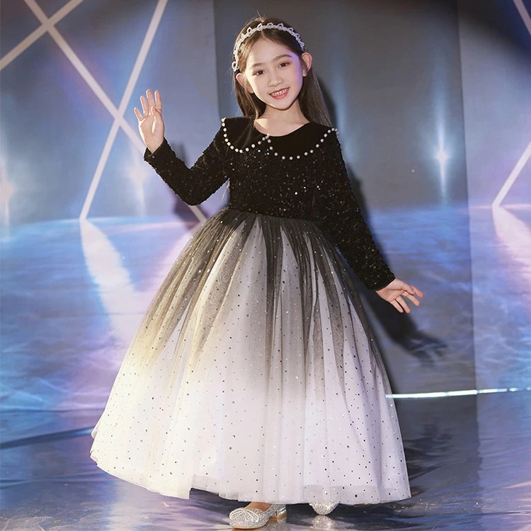 子供ドレス ピアノ発表会ドレス 黒 グラデーション オシャレ ロングドレス 女児ドレス ブラック スパンコール チュール バックリボン 可愛い 女の子ドレス ワイン赤 折り襟 パール キッズドレス 長 5,051円