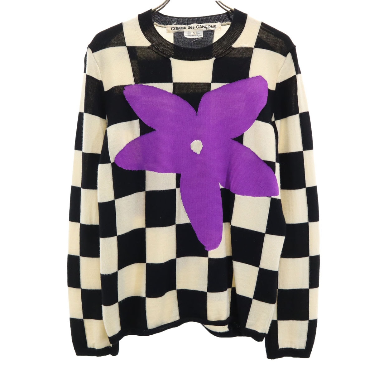 2012年 日本製 ブロックチェック 長袖 セーター S アイボリー ニット レディース 古着