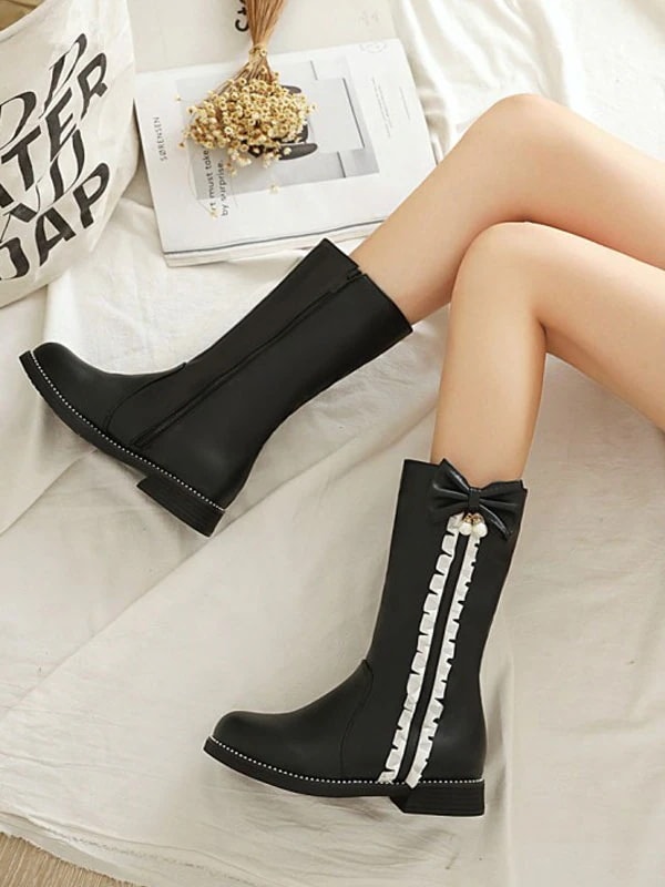 【新品開催 】甘いロリータブーツ弓丸いつま先PUレザーロリータ靴