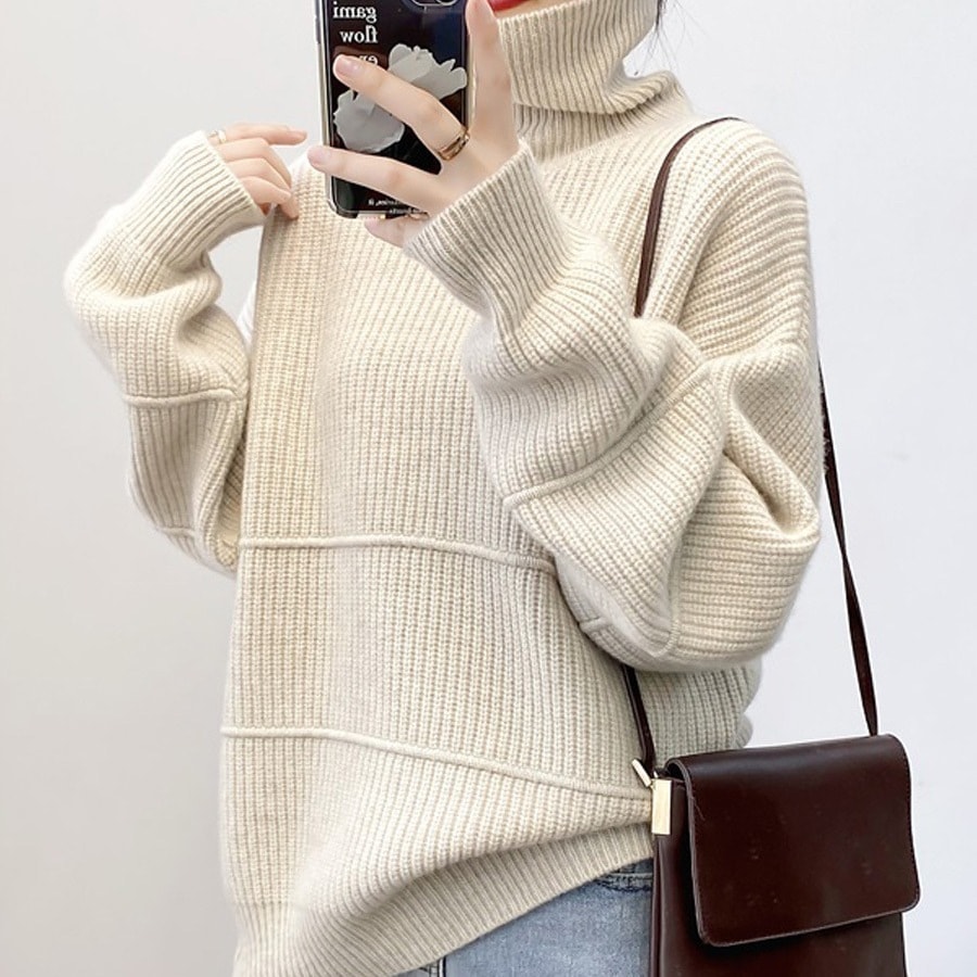 2025秋冬パイルカラーニットボトムセーター女性用ルーズアウターレイジースタイルプルオーバータートルネックセーター女性用