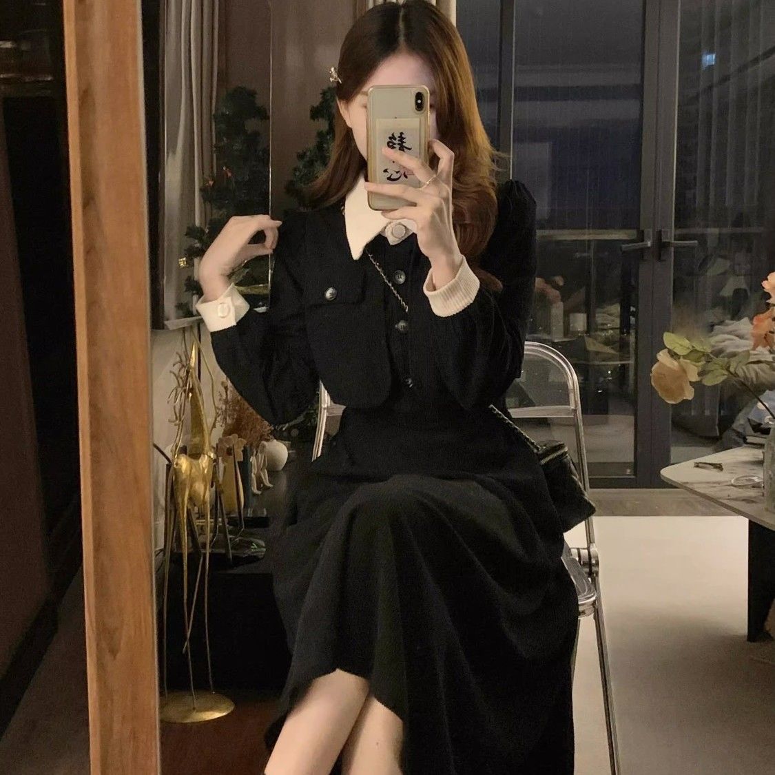 2025秋の新作フランス長袖ドレス女性の秋と冬豊かな小さな娘xiangフェイクツーピーススプライシングスカート