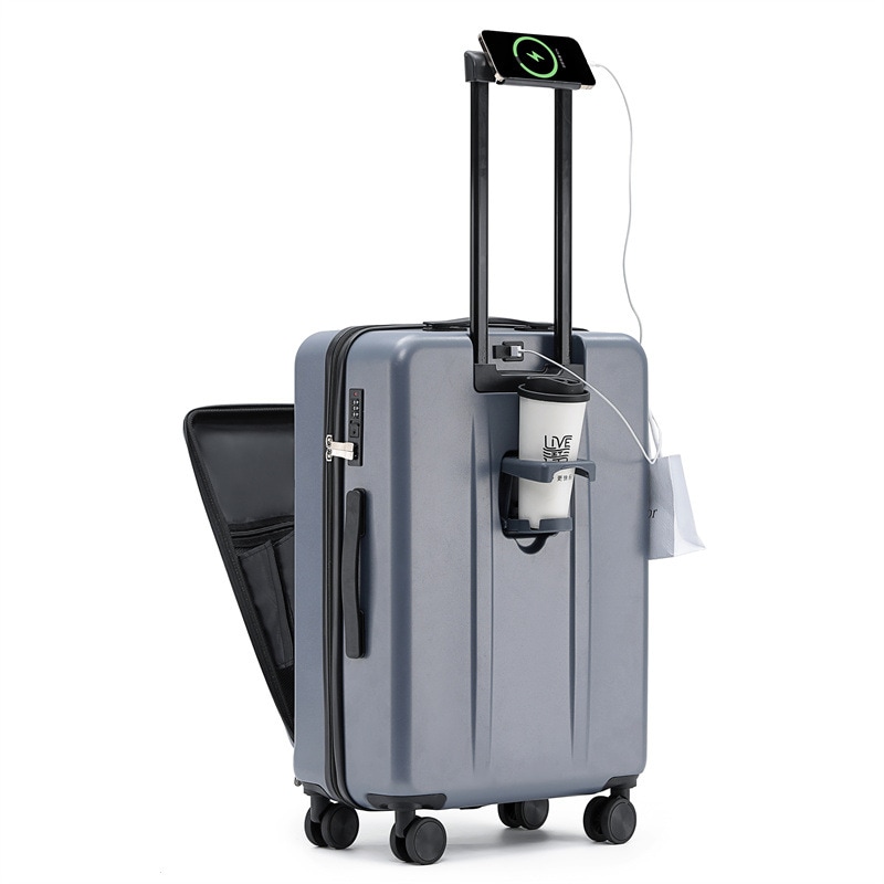 多機能フロントオープンスーツケースビジネスポータブルトラベルケースUSB充電スロット折りたたみカップホルダー20/24インチ