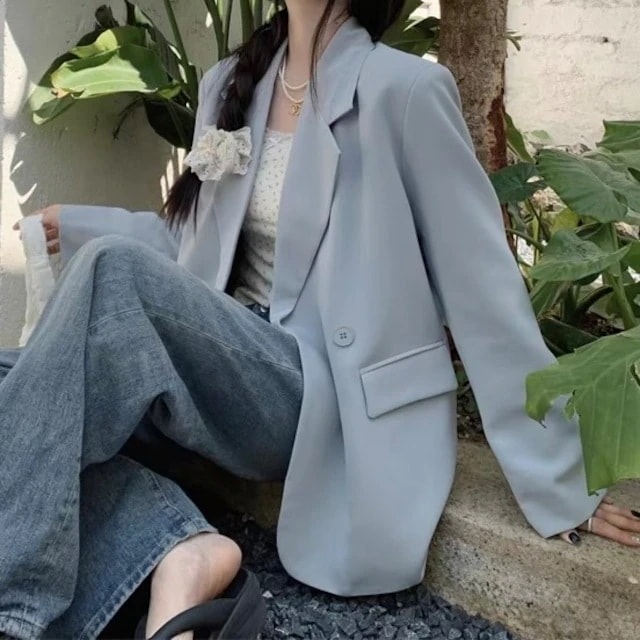 2024春夏アウター コート スーツ テーラード カラー ボタン 丈長め 春 水色 黒 韓国ファッション レディース おしゃれ かわいい きれいめ 大人っぽい お出かけ安い