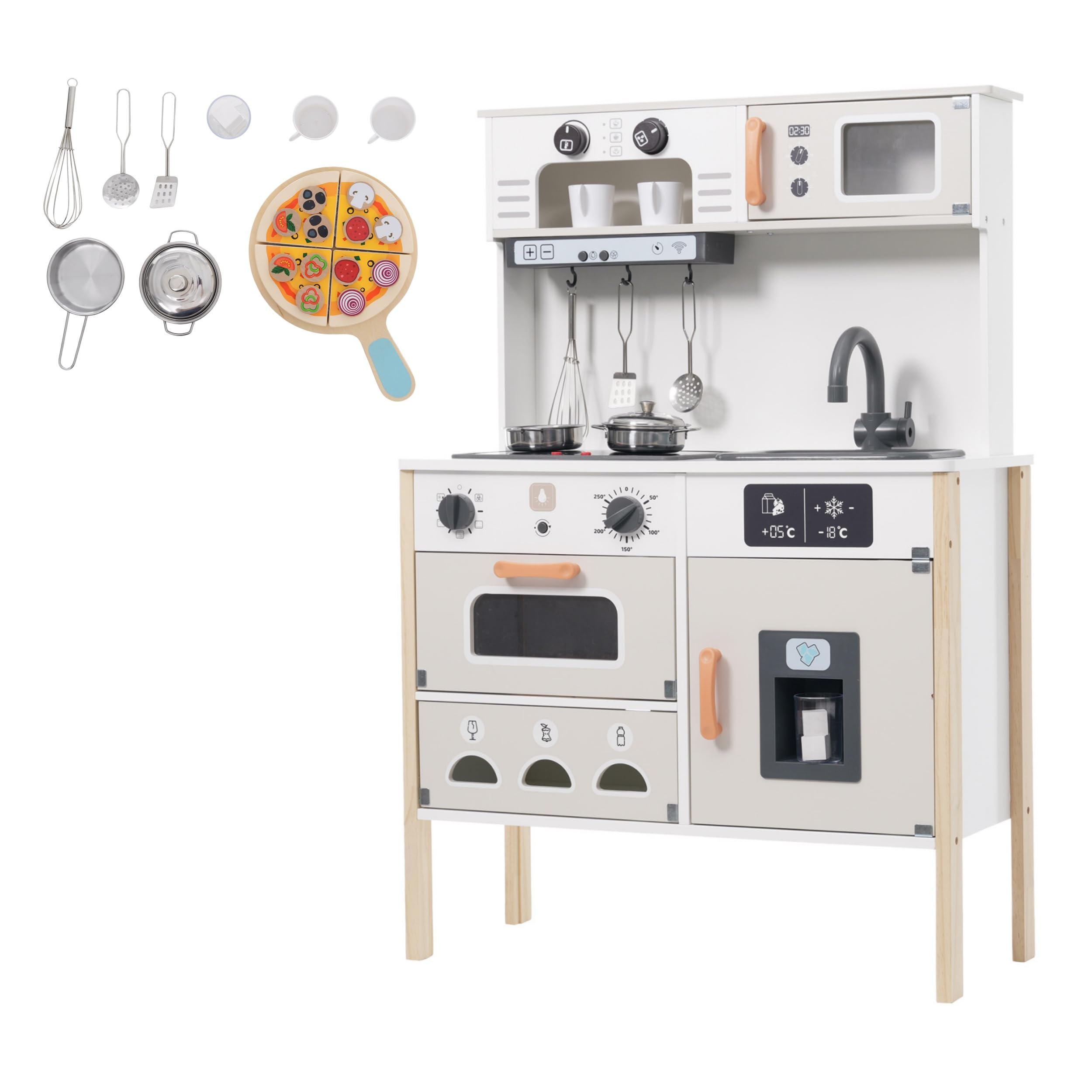 OSJ おままごと キッチン 本物みたいピザ付き 泡立て器 木製 コーヒーメーカー 台所 調理器具付き 知育玩具 コンロ 冷蔵庫 製氷機 電子レンジ 家事 おもちゃ キッズ ベビー 誕生日 プレゼント