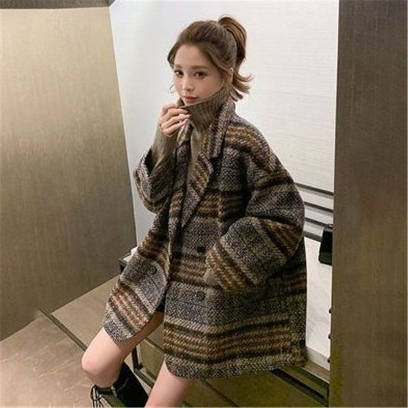 スーツジャケット レディース テーラードジャケット 秋冬 チェック柄ツイードブレザー ミディアム丈 厚手オーバー アウター オシャレ大人 着痩せ