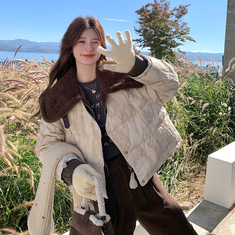 レトロラムウールスプライシングダウンジャケット2024新小厚90ホワイトダックダウンブレッドジャケット