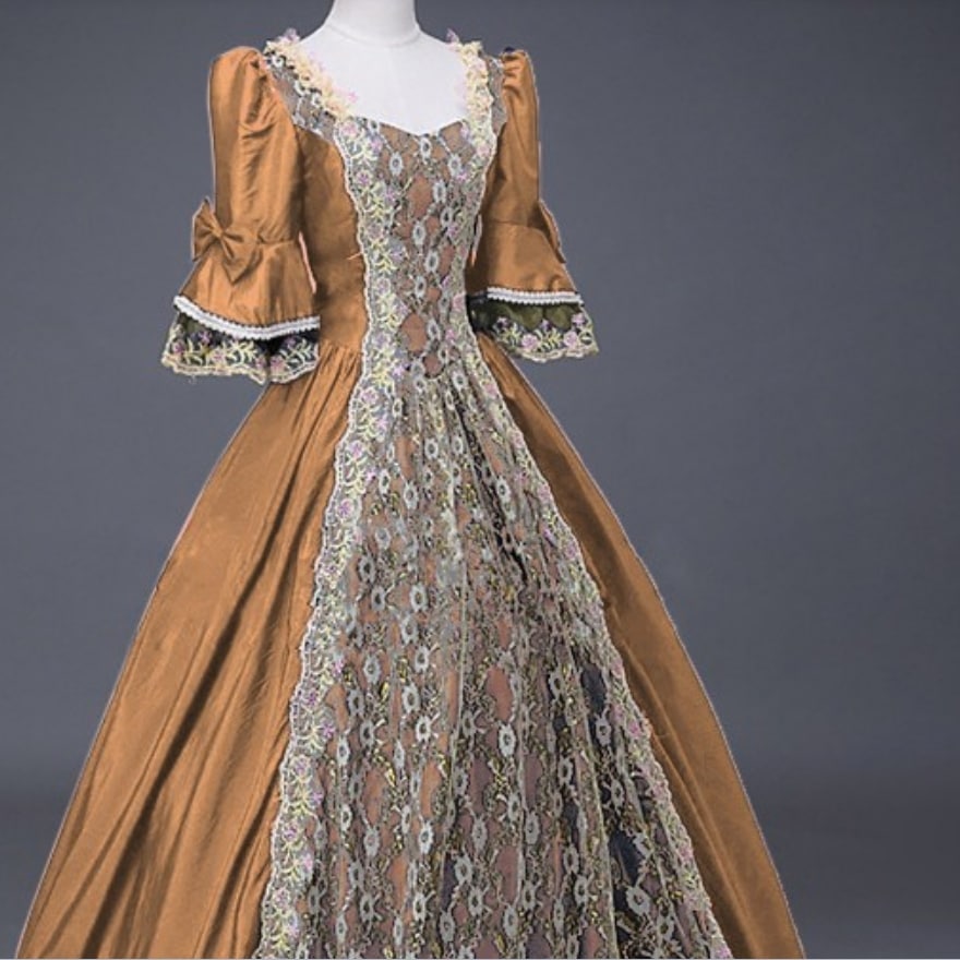 イブニングドレス ミモレ ロング 7分袖 フレアスリーブ ハートネック フレア Aライン フェミニン レース 刺繍 リボン 大人可愛い 上品 レトロ ガーリー エレガント 主役級 存在感 キュート