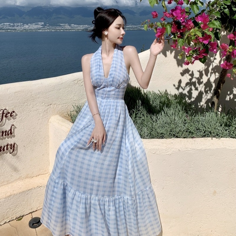 レディース ワンピース フレア ティアード ロング マキシ 袖なし ノースリーブ ホルターネック Aライン 裾ワイド リボン バックリボン バックコンシャス 切り替えデザイン 薄手 かわいい