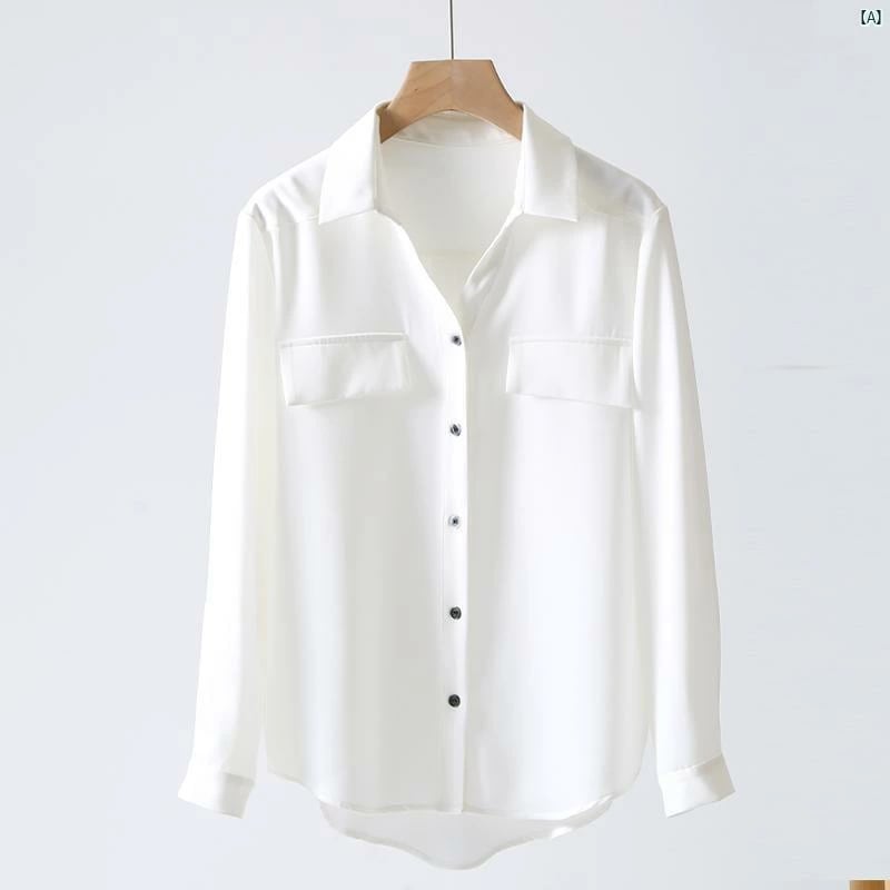 レディース ファッション　レディース　カジュアル　上品　綺麗　外出 ホワイト アセテート サテンシャツ 春 新 ドレープ 長袖 プロ 通勤 トップ