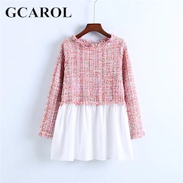 新しいツイードスプライスの女性は、春秋のフルスリーブOネック2トーンの色のトップス服を汗